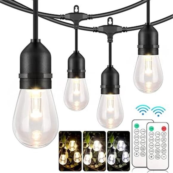 3 Color Outdoor LED Dimmable String Lights for Patio with Remote, Plug in 48FT - Picture 6 of 6